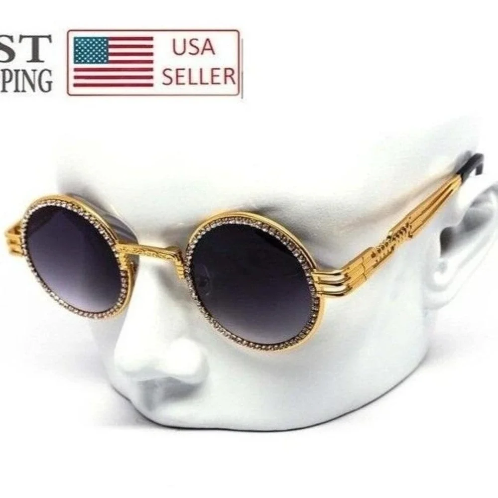 Rhinestone Sunglasses Round Steampunk Style‎ Gold Frame Men's Fashion Shades New